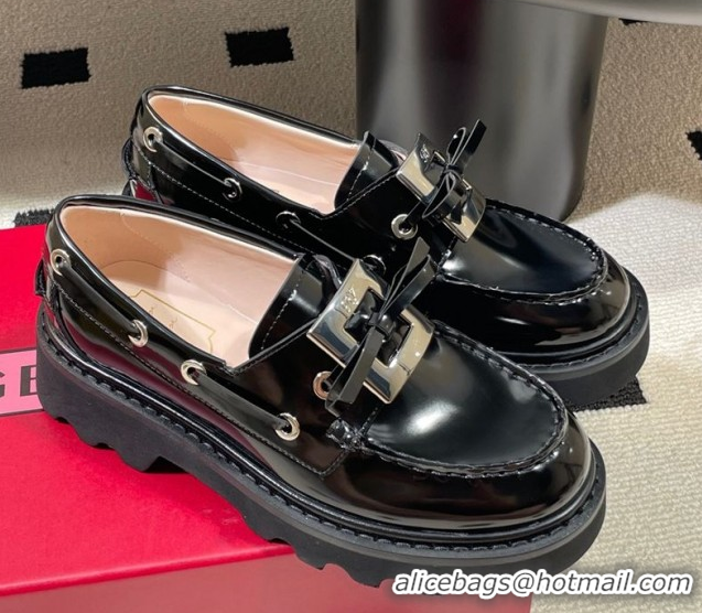 Top Design Roger Vivier Viv' Rangers Truck Boat Shoes 4.5cm in Shiny Leather with Metal Buckle RV121208 Black 2026