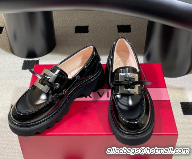 Top Design Roger Vivier Viv' Rangers Truck Boat Shoes 4.5cm in Shiny Leather with Metal Buckle RV121208 Black 2026