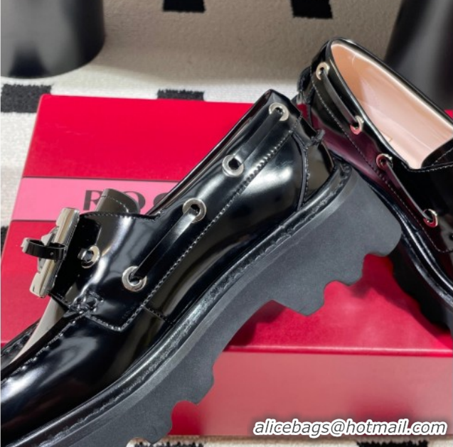Top Design Roger Vivier Viv' Rangers Truck Boat Shoes 4.5cm in Shiny Leather with Metal Buckle RV121208 Black 2026