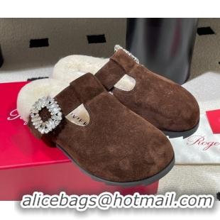 Most Popular Roger Vivier Slidy Viv' Flat Mules in Brown Suede and Wool with Strass Buckle RV121210 2026