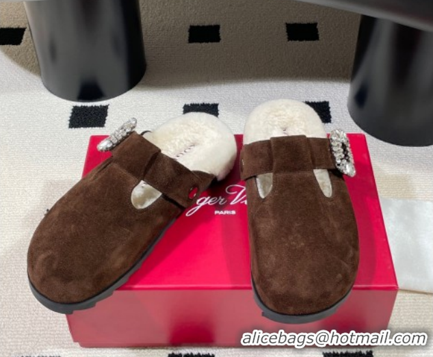Most Popular Roger Vivier Slidy Viv' Flat Mules in Brown Suede and Wool with Strass Buckle RV121210 2026