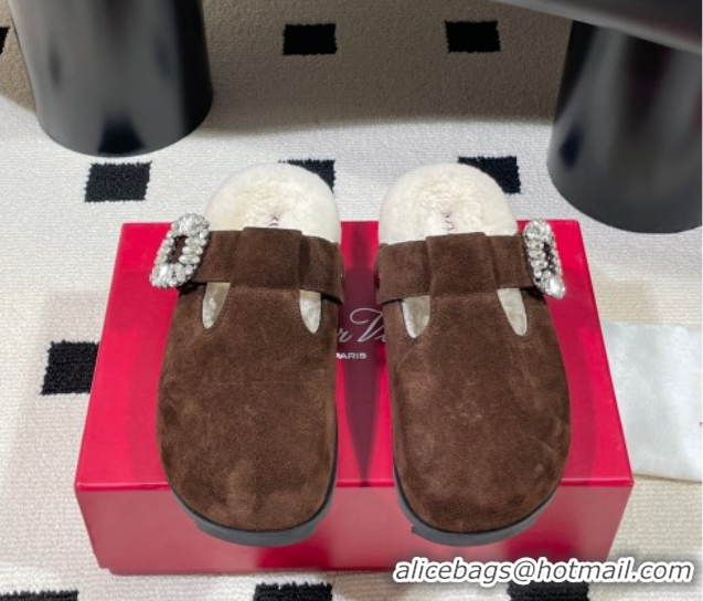 Most Popular Roger Vivier Slidy Viv' Flat Mules in Brown Suede and Wool with Strass Buckle RV121210 2026
