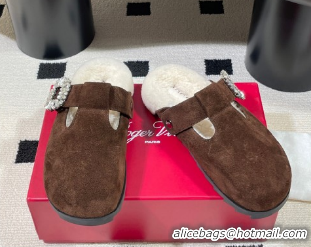 Most Popular Roger Vivier Slidy Viv' Flat Mules in Brown Suede and Wool with Strass Buckle RV121210 2026