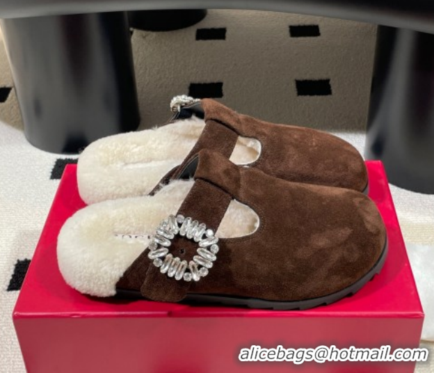 Most Popular Roger Vivier Slidy Viv' Flat Mules in Brown Suede and Wool with Strass Buckle RV121210 2026