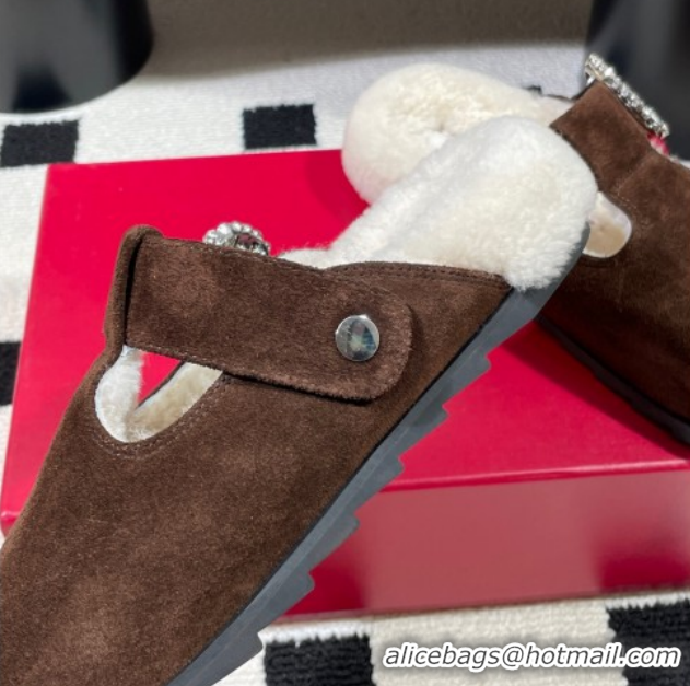 Most Popular Roger Vivier Slidy Viv' Flat Mules in Brown Suede and Wool with Strass Buckle RV121210 2026