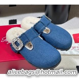 Good Quality Roger Vivier Slidy Viv' Flat Mules in Blue Denim and Wool with Strass RV121210 2026
