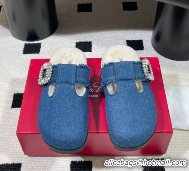 Good Quality Roger Vivier Slidy Viv' Flat Mules in Blue Denim and Wool with Strass RV121210 2026