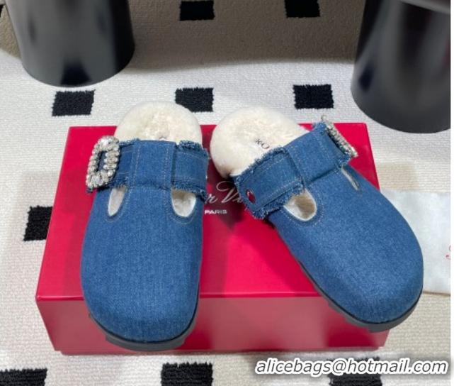 Good Quality Roger Vivier Slidy Viv' Flat Mules in Blue Denim and Wool with Strass RV121210 2026