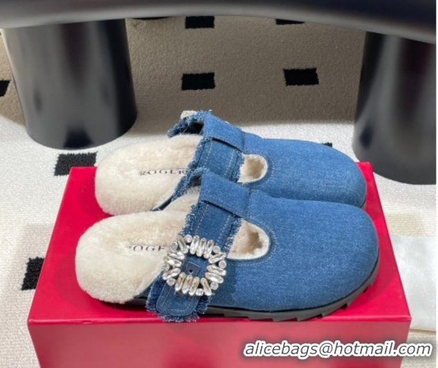 Good Quality Roger Vivier Slidy Viv' Flat Mules in Blue Denim and Wool with Strass RV121210 2026