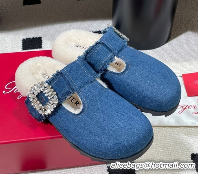 Good Quality Roger Vivier Slidy Viv' Flat Mules in Blue Denim and Wool with Strass RV121210 2026