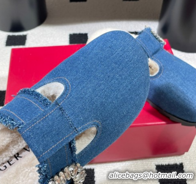 Good Quality Roger Vivier Slidy Viv' Flat Mules in Blue Denim and Wool with Strass RV121210 2026
