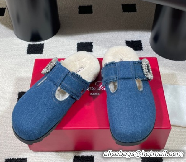 Good Quality Roger Vivier Slidy Viv' Flat Mules in Blue Denim and Wool with Strass RV121210 2026