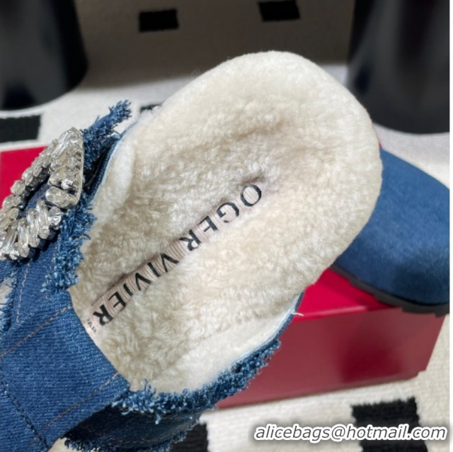 Good Quality Roger Vivier Slidy Viv' Flat Mules in Blue Denim and Wool with Strass RV121210 2026