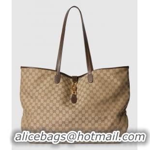 Super Quality Gucci Jackie Large Tote Bag In GG Canvas With Leather Trim ‎867014 Beige/Dark Brown
