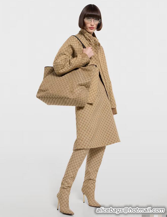 Super Quality Gucci Jackie Large Tote Bag In GG Canvas With Leather Trim ‎867014 Beige/Dark Brown