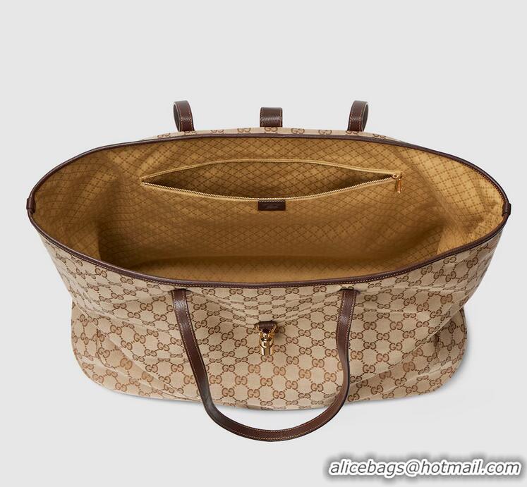 Super Quality Gucci Jackie Large Tote Bag In GG Canvas With Leather Trim ‎867014 Beige/Dark Brown