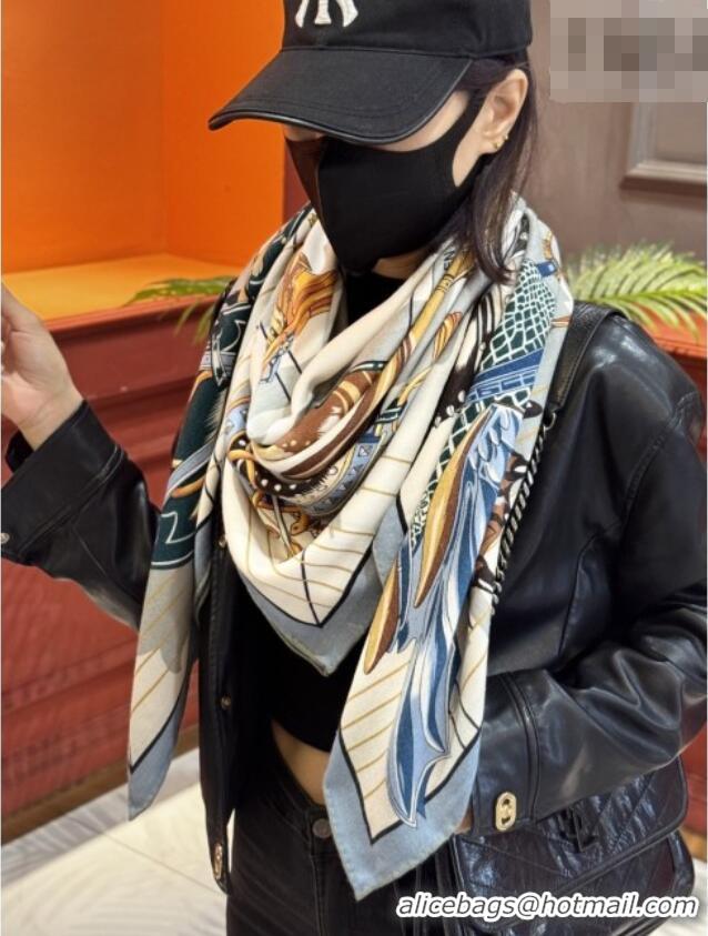 Best Product Hermes Cashmere & Silk Shawl 140x140cm Scarf H11215 Beige/Blue 2026