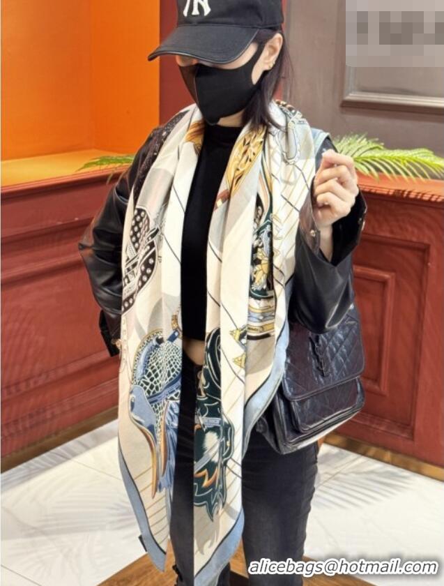 Best Product Hermes Cashmere & Silk Shawl 140x140cm Scarf H11215 Beige/Blue 2026