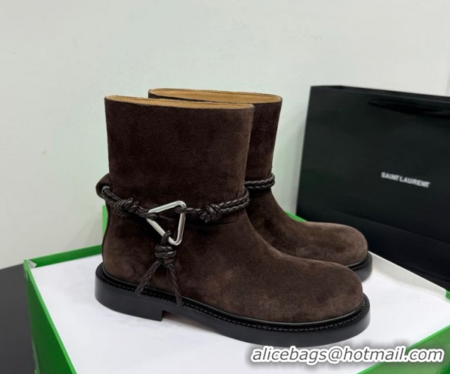 Best Grade Bottega Veneta James Suede Flat Ankle Boots with Triangle Buckle Fondant Brown 1206051 2026