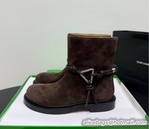 Best Grade Bottega Veneta James Suede Flat Ankle Boots with Triangle Buckle Fondant Brown 1206051 2026
