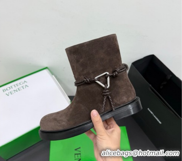 Best Grade Bottega Veneta James Suede Flat Ankle Boots with Triangle Buckle Fondant Brown 1206051 2026