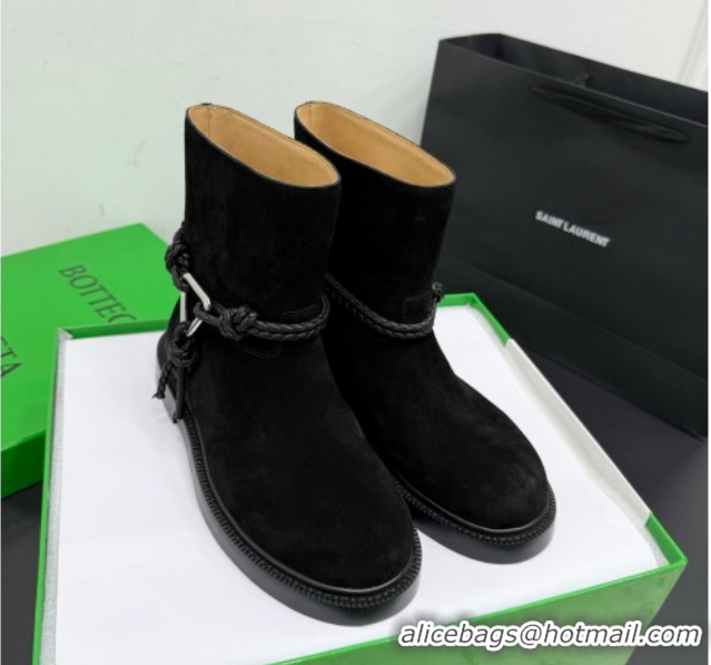 Low Price Bottega Veneta James Suede Flat Ankle Boots with Triangle Buckle Black 1206052 2026