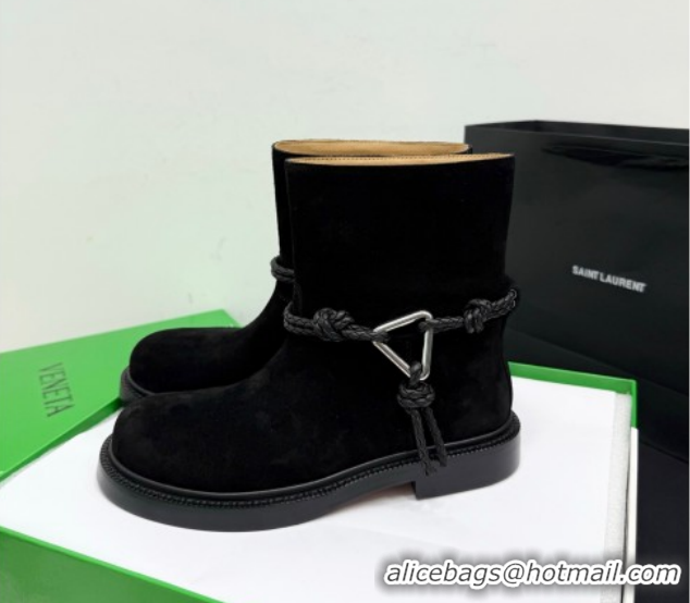 Low Price Bottega Veneta James Suede Flat Ankle Boots with Triangle Buckle Black 1206052 2026