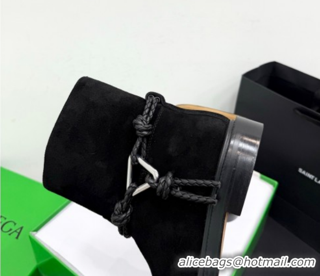 Low Price Bottega Veneta James Suede Flat Ankle Boots with Triangle Buckle Black 1206052 2026