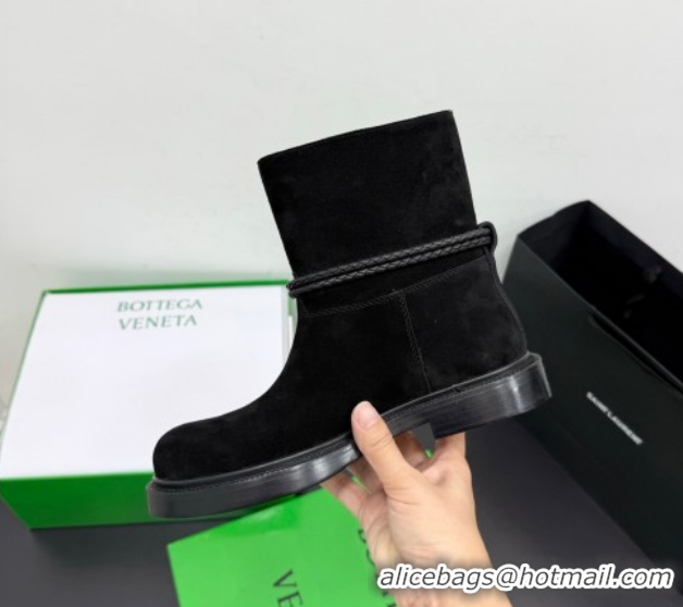 Low Price Bottega Veneta James Suede Flat Ankle Boots with Triangle Buckle Black 1206052 2026