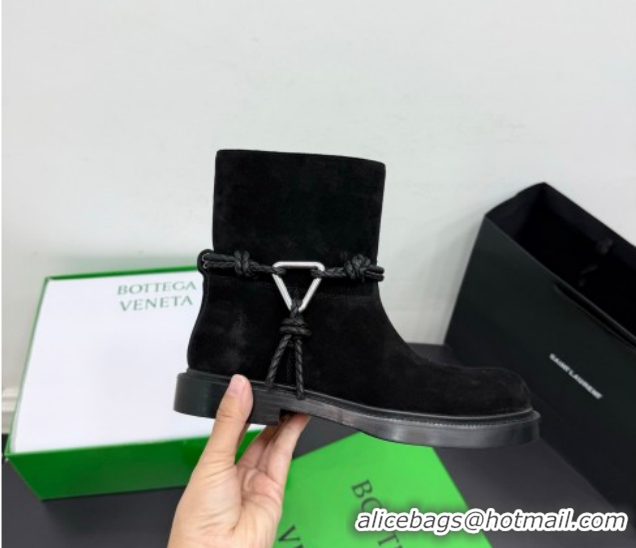 Low Price Bottega Veneta James Suede Flat Ankle Boots with Triangle Buckle Black 1206052 2026