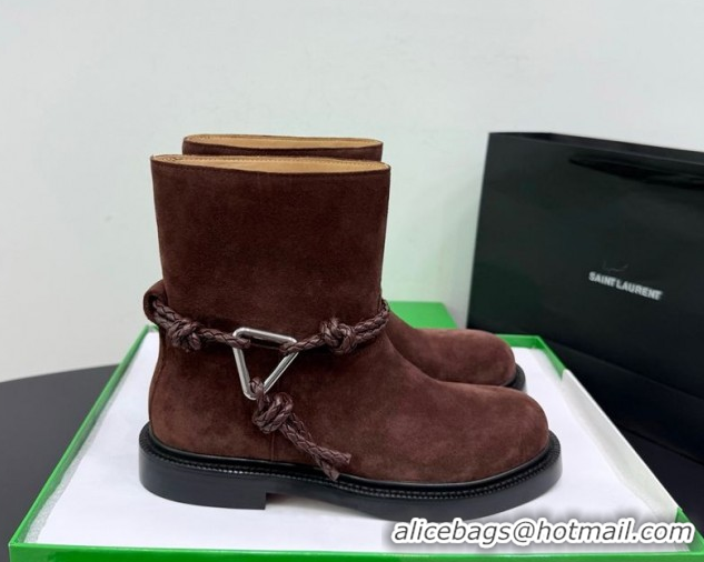 Popular Style Bottega Veneta James Suede Flat Ankle Boots with Triangle Buckle Dark Brown 1206053 2026