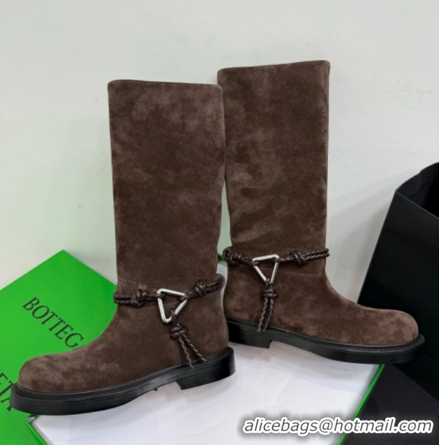 Buy Discount Bottega Veneta James Suede Flat High Boots with Triangle Buckle Fondant Brown 1206054 2026