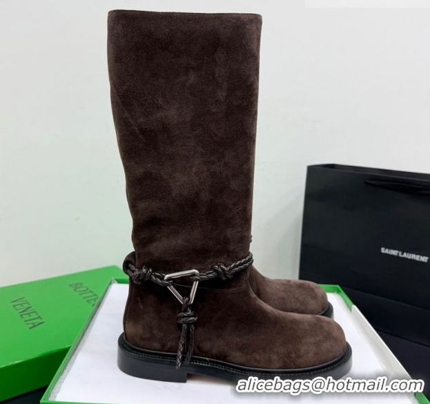 Buy Discount Bottega Veneta James Suede Flat High Boots with Triangle Buckle Fondant Brown 1206054 2026