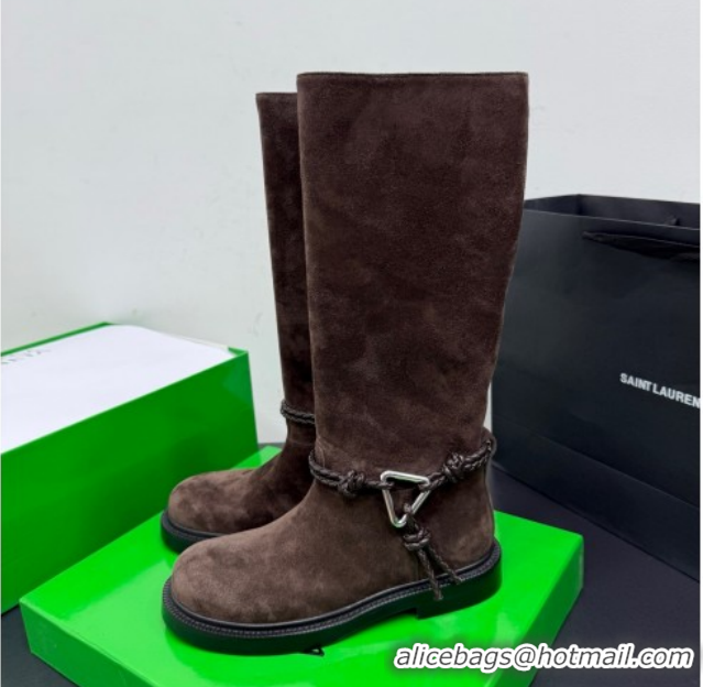 Buy Discount Bottega Veneta James Suede Flat High Boots with Triangle Buckle Fondant Brown 1206054 2026
