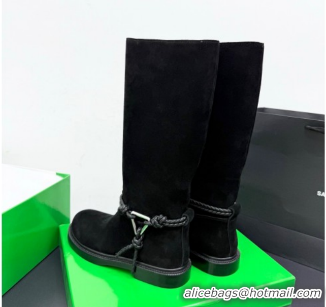 Best Price Bottega Veneta James Suede Flat High Boots with Triangle Buckle Black 1206055 2026