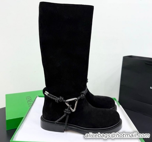 Best Price Bottega Veneta James Suede Flat High Boots with Triangle Buckle Black 1206055 2026