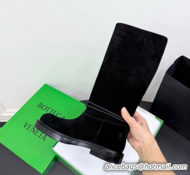 Best Price Bottega Veneta James Suede Flat High Boots with Triangle Buckle Black 1206055 2026