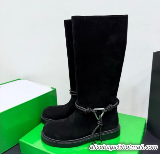 Best Price Bottega Veneta James Suede Flat High Boots with Triangle Buckle Black 1206055 2026