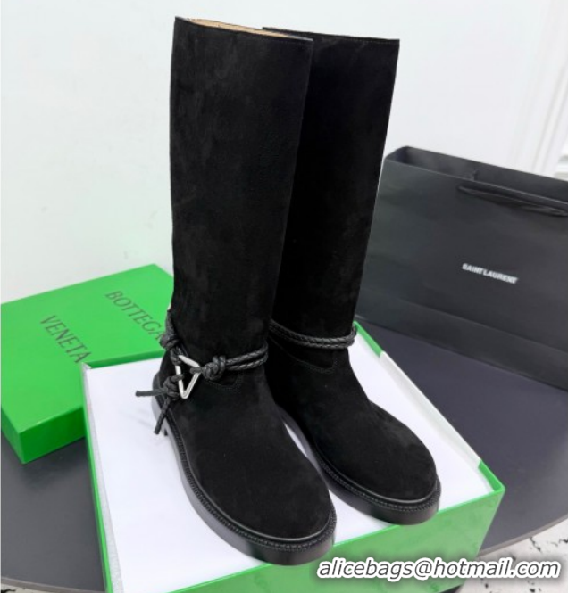 Best Price Bottega Veneta James Suede Flat High Boots with Triangle Buckle Black 1206055 2026