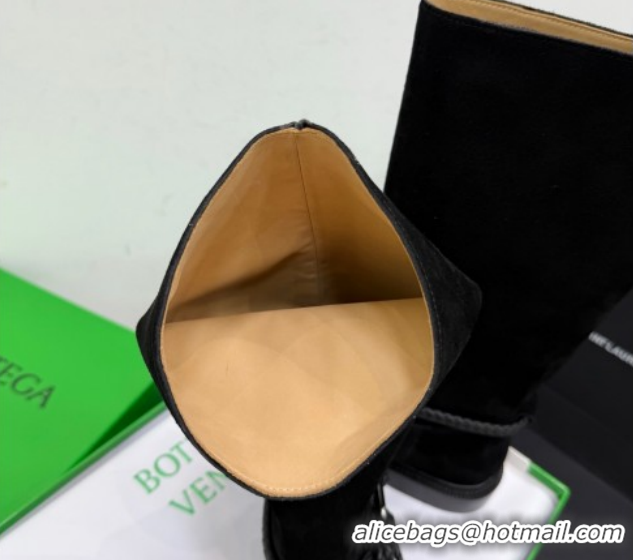 Best Price Bottega Veneta James Suede Flat High Boots with Triangle Buckle Black 1206055 2026