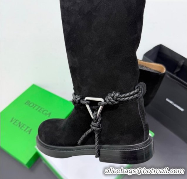 Best Price Bottega Veneta James Suede Flat High Boots with Triangle Buckle Black 1206055 2026