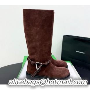 Pretty Style Bottega Veneta James Suede Flat High Boots with Triangle Buckle Fondant Brown 1206056 2026