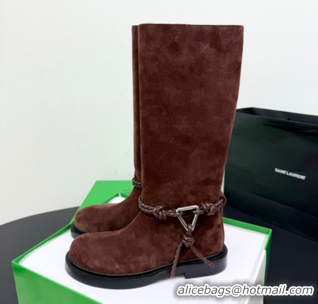 Pretty Style Bottega Veneta James Suede Flat High Boots with Triangle Buckle Fondant Brown 1206056 2026