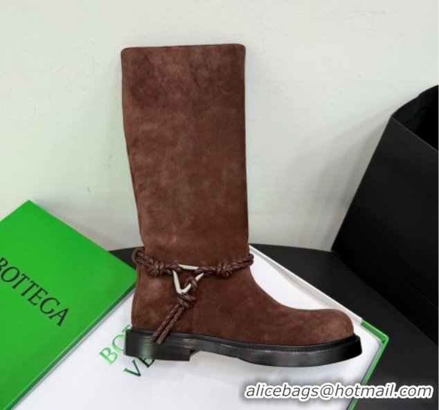 Pretty Style Bottega Veneta James Suede Flat High Boots with Triangle Buckle Fondant Brown 1206056 2026