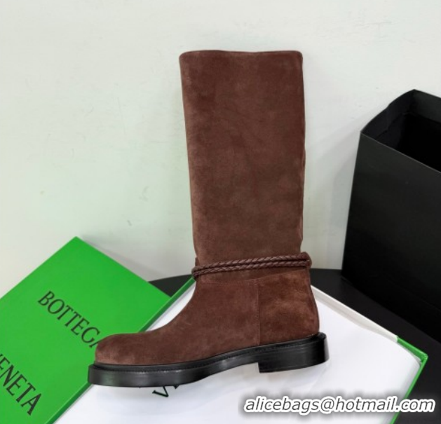 Pretty Style Bottega Veneta James Suede Flat High Boots with Triangle Buckle Fondant Brown 1206056 2026