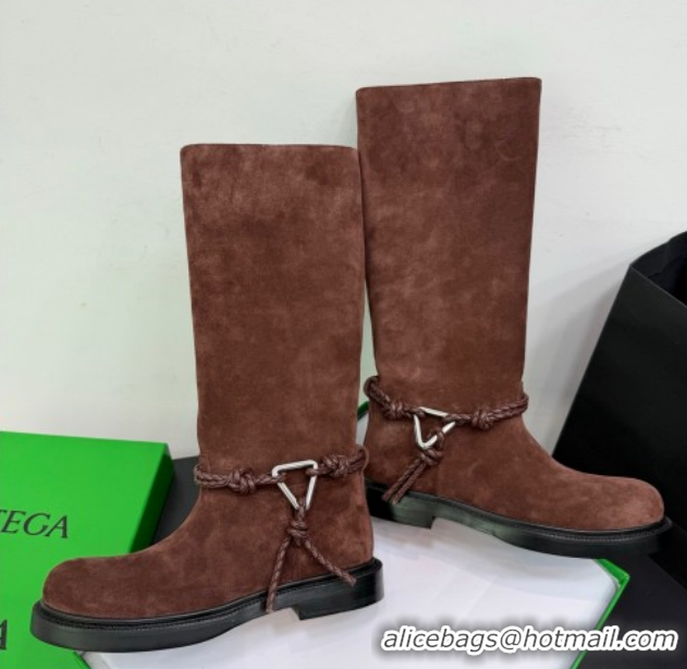 Pretty Style Bottega Veneta James Suede Flat High Boots with Triangle Buckle Fondant Brown 1206056 2026