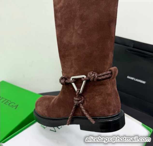 Pretty Style Bottega Veneta James Suede Flat High Boots with Triangle Buckle Fondant Brown 1206056 2026