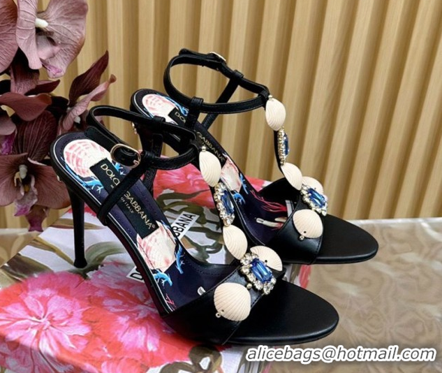 Cheap Price Dolce & Gabbana Calfskin Leather Heel Sandals 10.5cm with Stones and Shell Black 1211067 2026