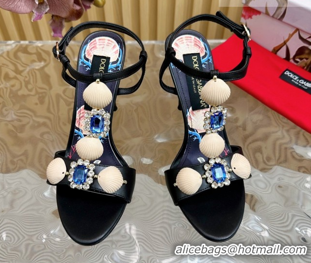 Cheap Price Dolce & Gabbana Calfskin Leather Heel Sandals 10.5cm with Stones and Shell Black 1211067 2026