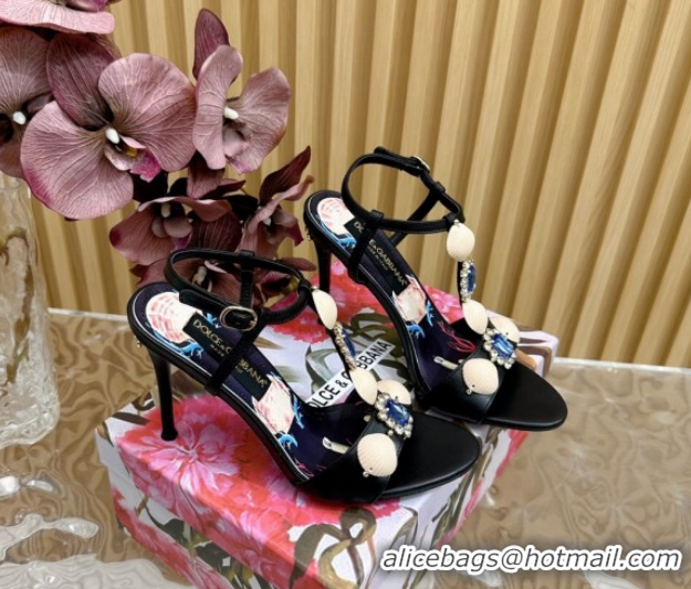 Cheap Price Dolce & Gabbana Calfskin Leather Heel Sandals 10.5cm with Stones and Shell Black 1211067 2026